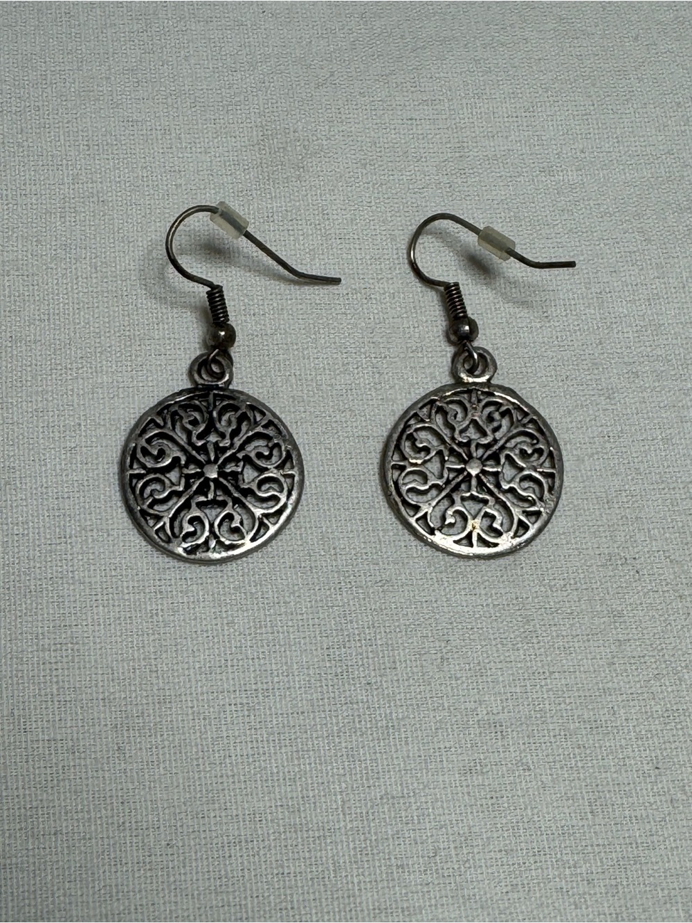 Boho Oxidized Silver Tone Openwork Mandala Circle Dangle Earrings - 1.5" Drop